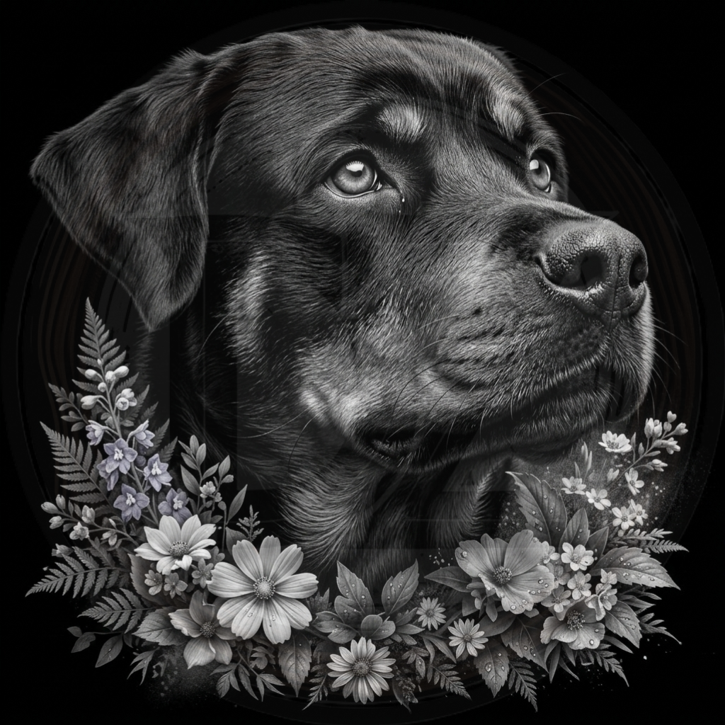 Black and white illustration of a dog's head surrounded by flowers