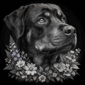 Black and white illustration of a dog's head surrounded by flowers
