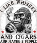 Circular design with a gorilla smoking a cigar and holding a glass of whiskey, text 'I Like Whiskey and Cigars and Maybe 3 People'.