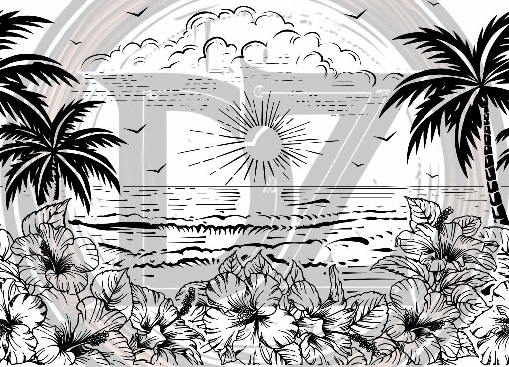 Illustration of a tropical scene with palm trees, flowers, and a rainbow.