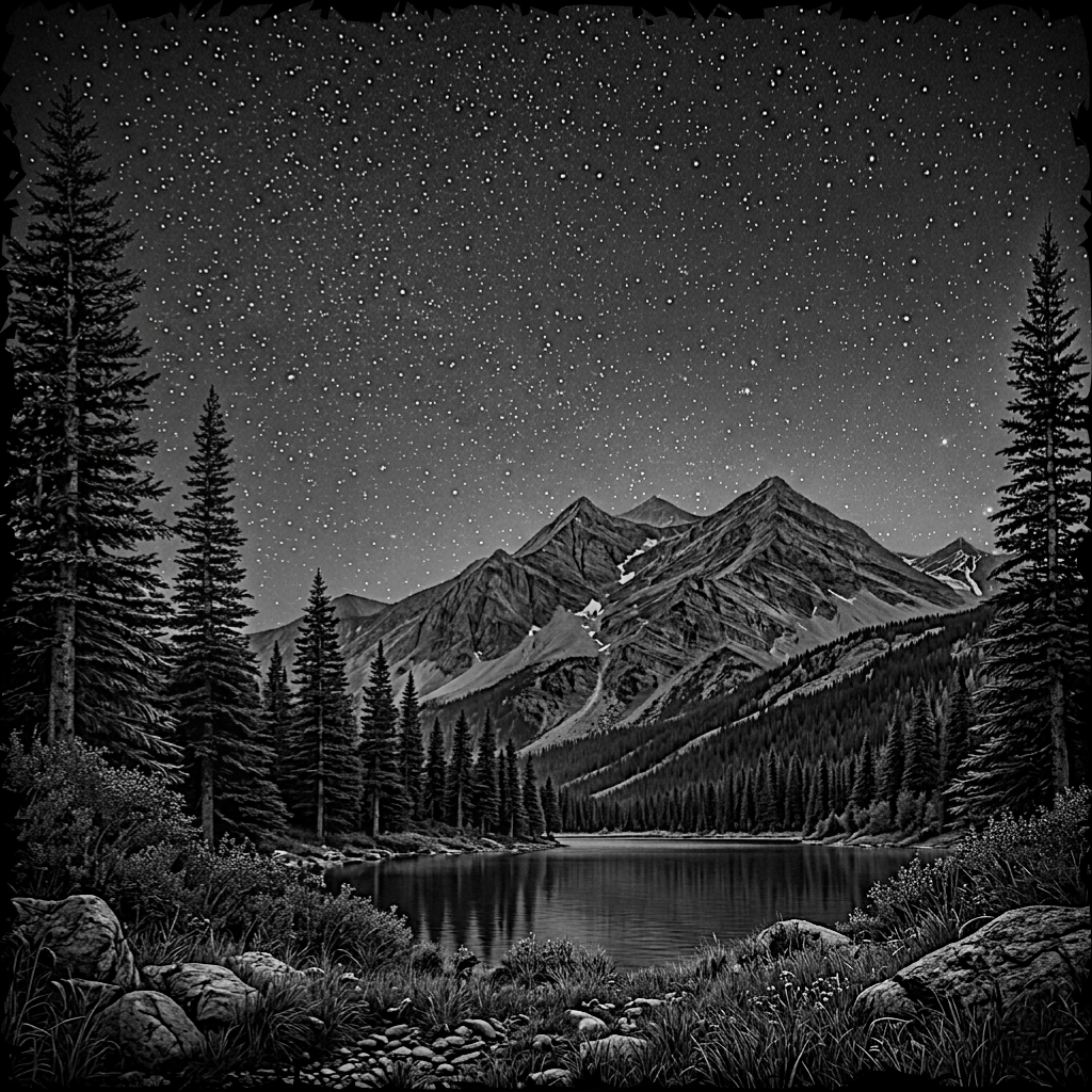 Mountain landscape with a lake and stars at night