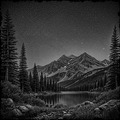 Mountain landscape with a lake and stars at night