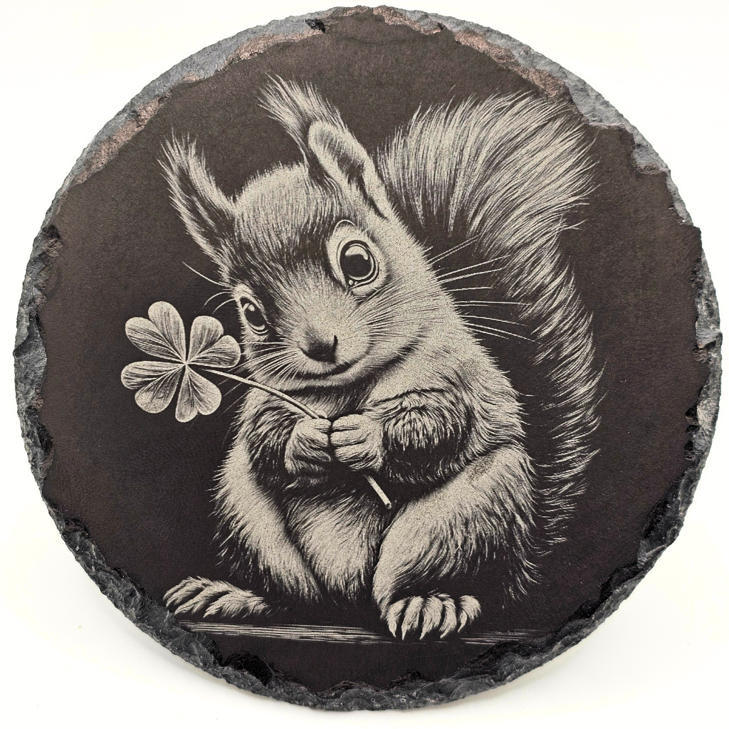 Round slate coaster with a black and white illustration of a squirrel holding a four-leaf clover.