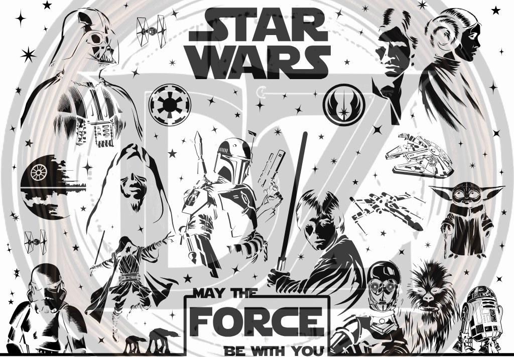 Star Wars design with characters and text 'May the Force Be With You' on a white background.