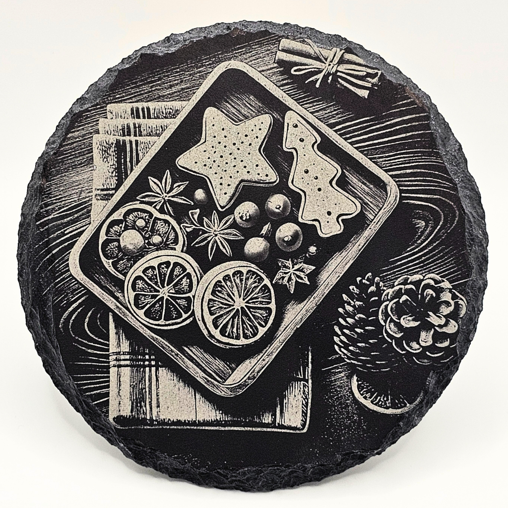 Decorative stone with engraved Christmas scene featuring cookies and fruits on a white background