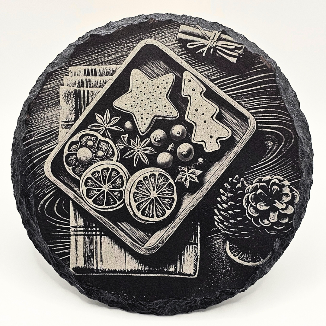Decorative stone with engraved Christmas scene featuring cookies and fruits on a white background