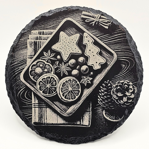 Decorative stone with engraved Christmas scene featuring cookies and fruits on a white background