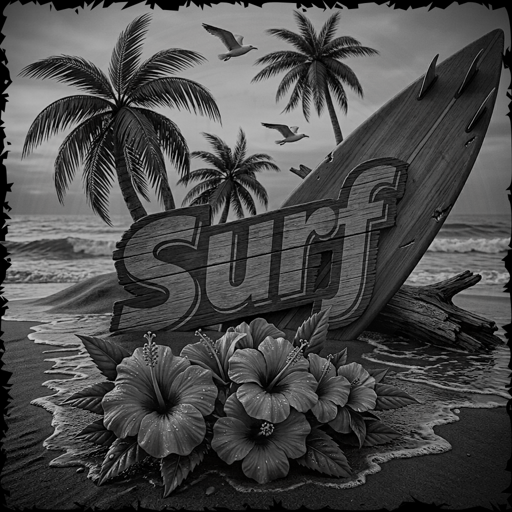 Black and white image of a surfboard with 'Surf' on it, palm trees, and flowers on a beach.