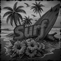 Black and white image of a surfboard with 'Surf' on it, palm trees, and flowers on a beach.