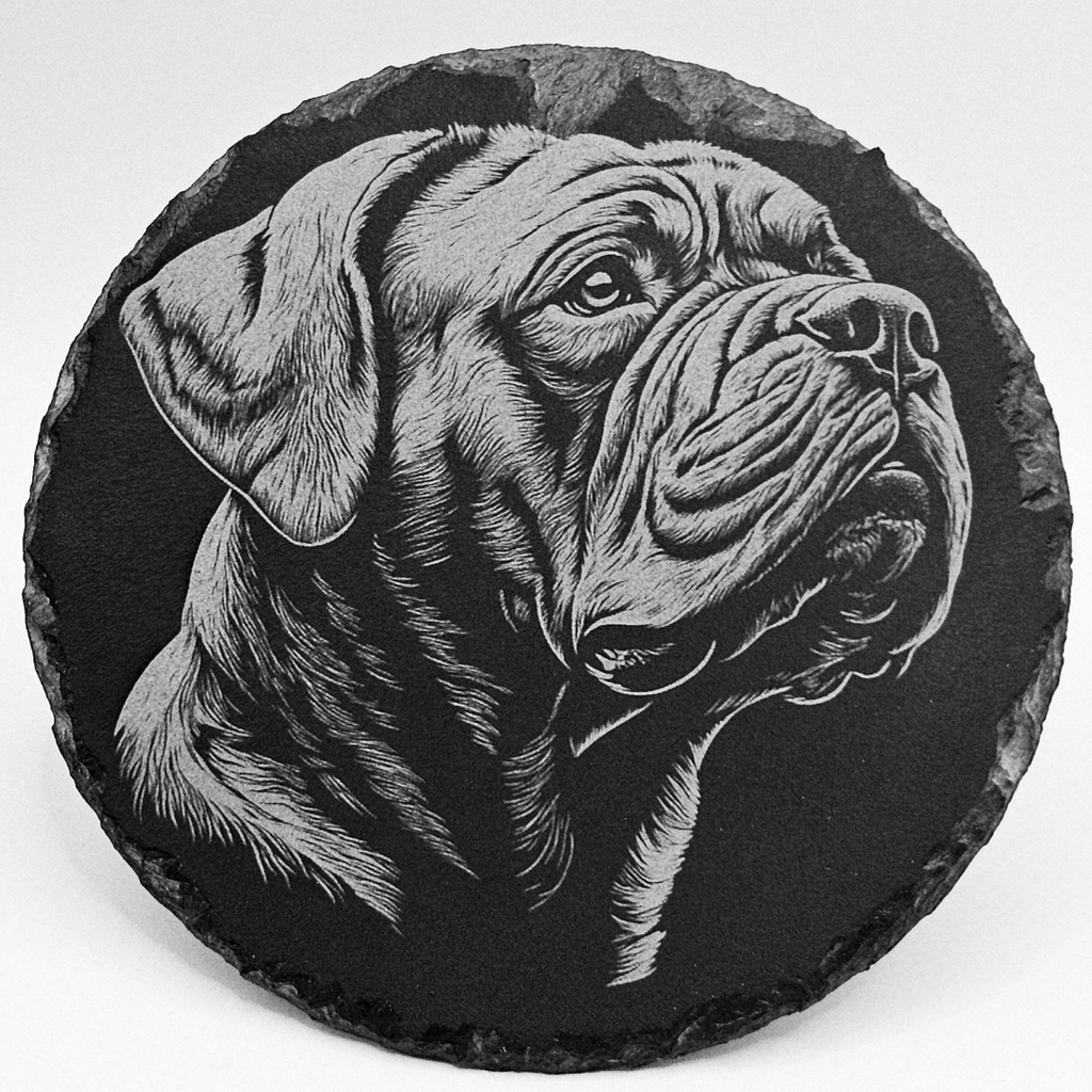 Round slate coaster with a detailed black and white engraving of a dog's face on a white background