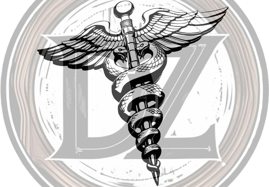 Caduceus symbol with wings and snakes in a circular design on a white background