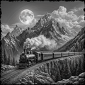 Steam train on a mountain track with a full moon and clouds in the background
