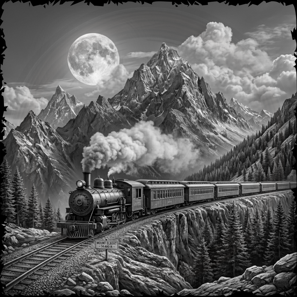 Steam train on a mountain track with a full moon and clouds in the background