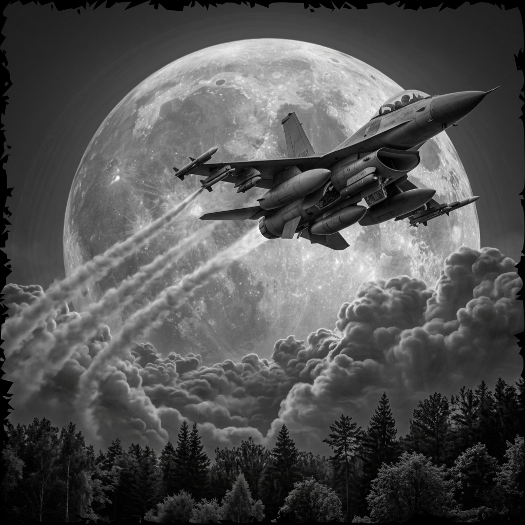 Jet flying in front of a large moon with trees below