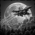 Jet flying in front of a large moon with trees below