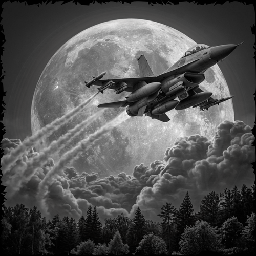 Jet flying in front of a large moon with trees below