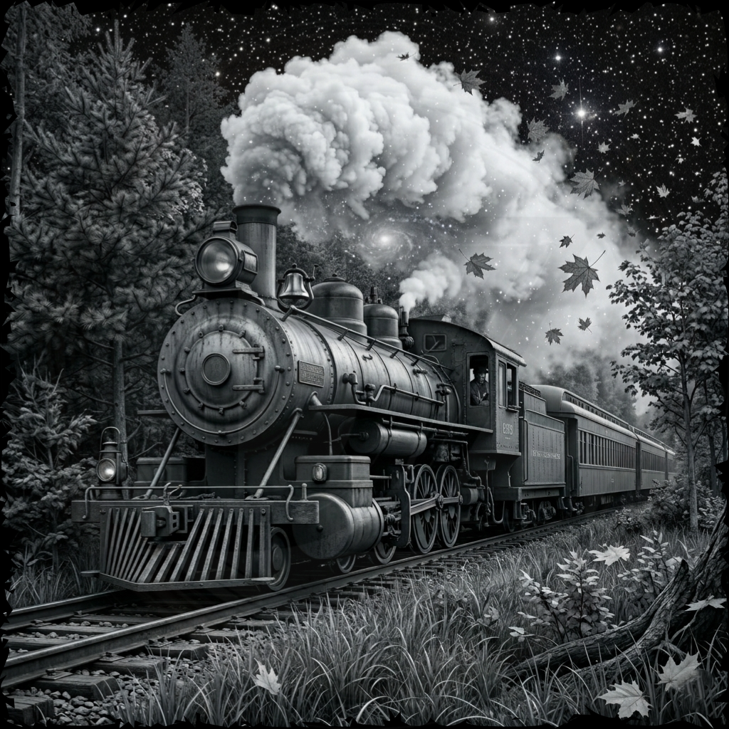 Black and white steam train on tracks with trees and stars in the background