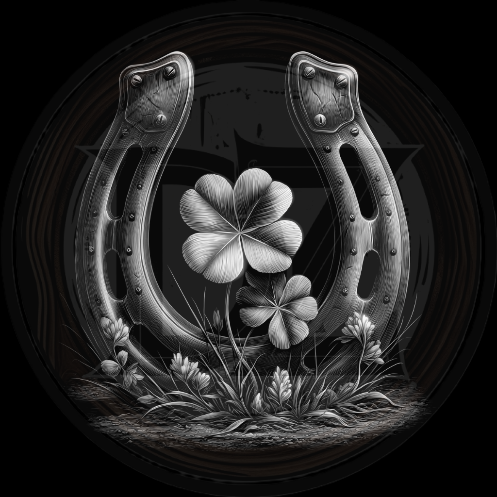 Horseshoe with a four-leaf clover and grass