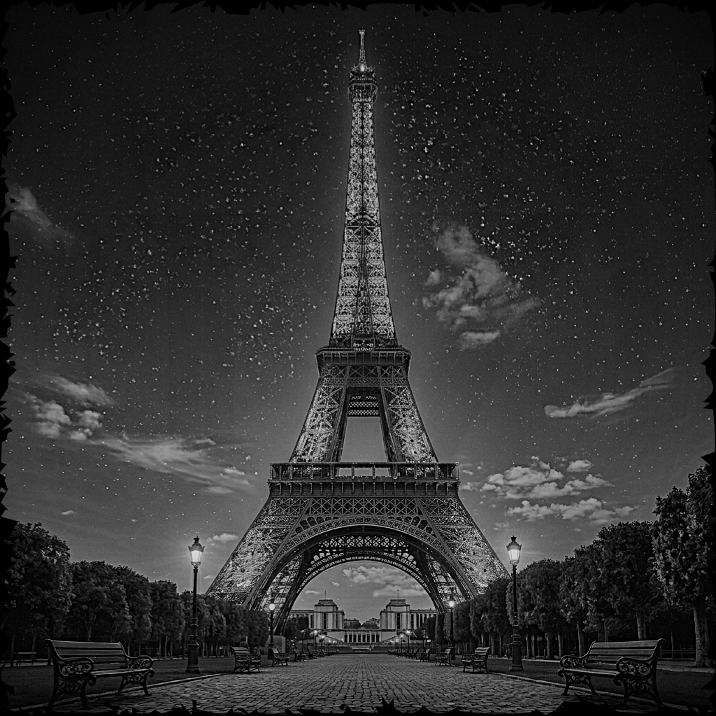 Black and white image of the Eiffel Tower under a starry night sky.