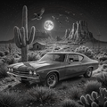 Vintage car in a desert landscape with cacti, moon, and birds.