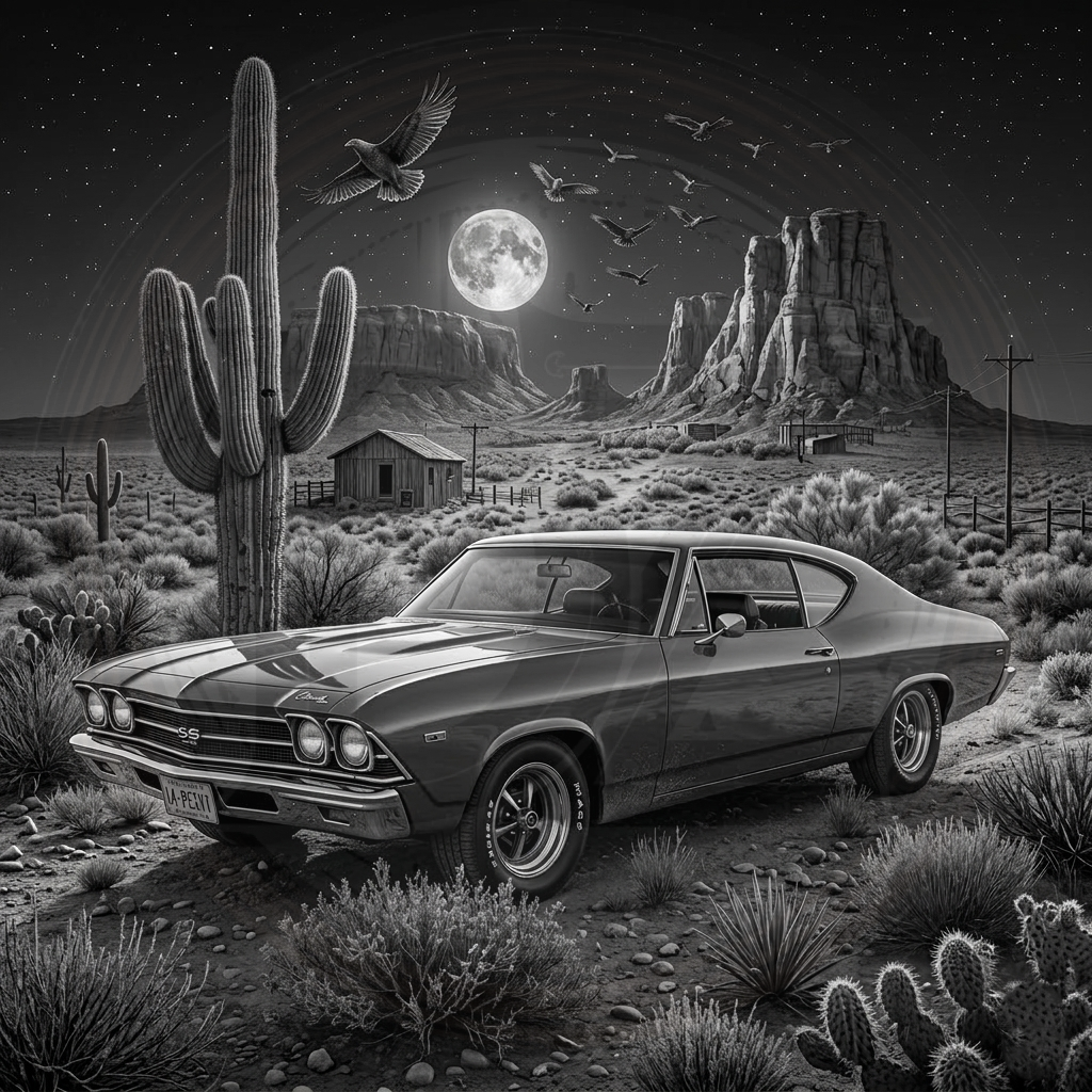 Vintage car in a desert landscape with cacti, moon, and birds.
