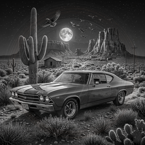Vintage car in a desert landscape with cacti, moon, and birds.