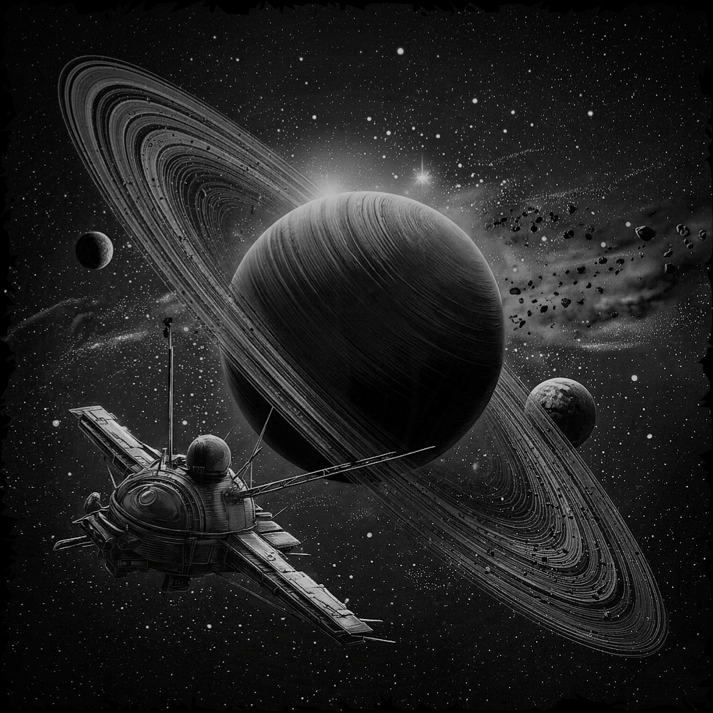 Artistic depiction of a spacecraft in front of Saturn with its rings.