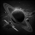 Artistic depiction of a spacecraft in front of Saturn with its rings.