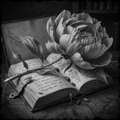Open book with a large flower on top, pen, and decorative elements in a still life arrangement.
