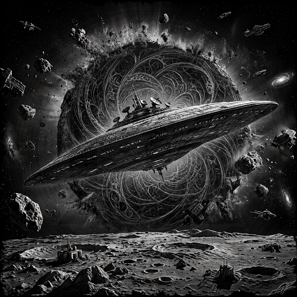 UFO in space with celestial body and asteroids