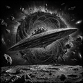 UFO in space with celestial body and asteroids