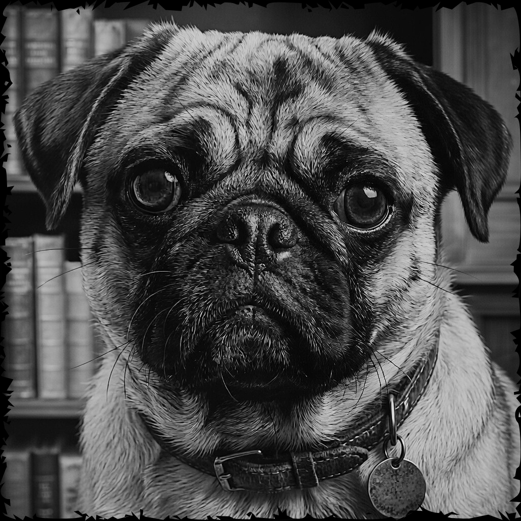 Black and white close-up of a pug dog with a collar and tag.