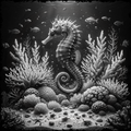 Black and white illustration of a seahorse among corals and small fish.