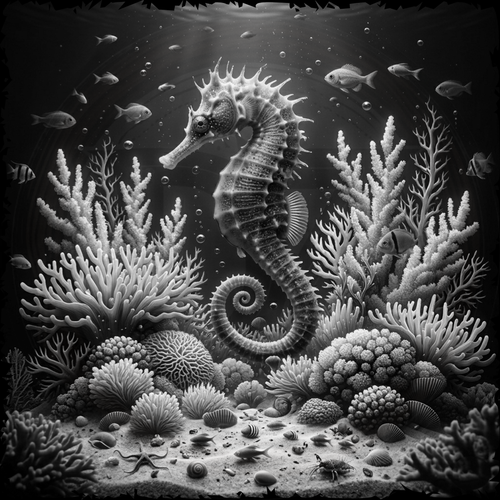 Black and white illustration of a seahorse among corals and small fish.