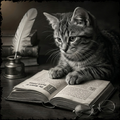 Cat sitting on an open book with a feather pen and glasses in a vintage setting