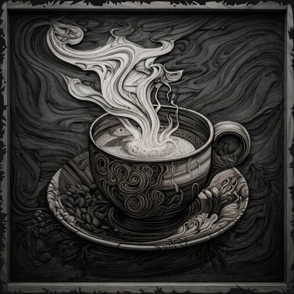 Black and white illustration of a steaming coffee cup with intricate patterns.