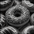 Black and white close-up of various decorated donuts