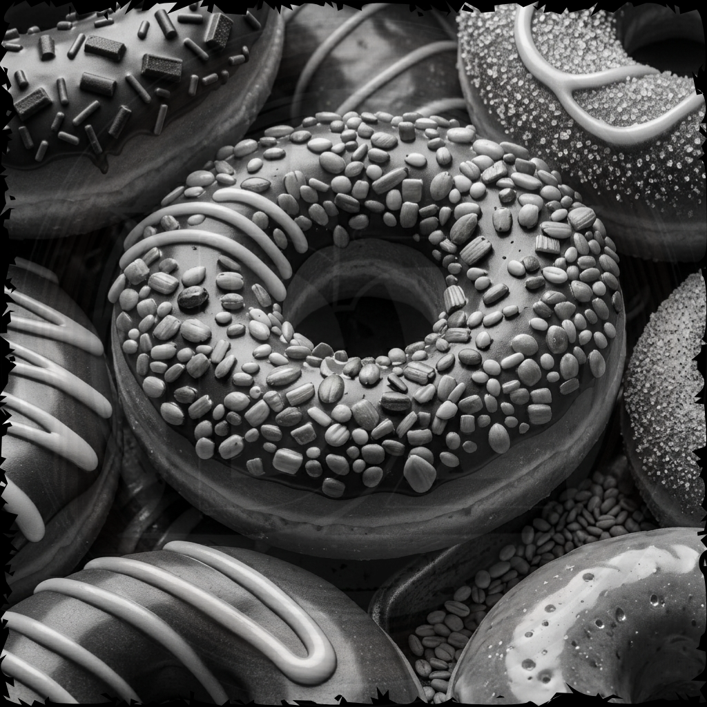 Black and white close-up of various decorated donuts