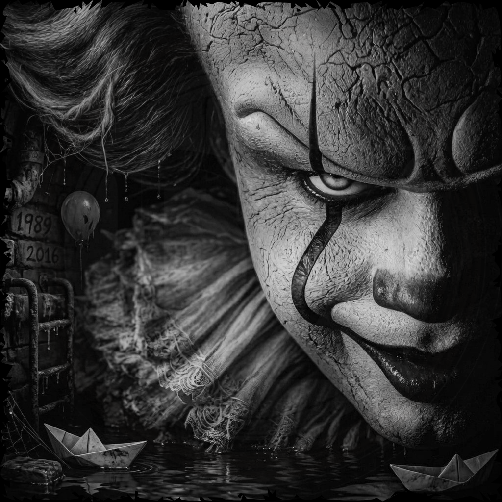 Close-up of a character with a sinister expression, surrounded by elements like a paper boat and balloons.