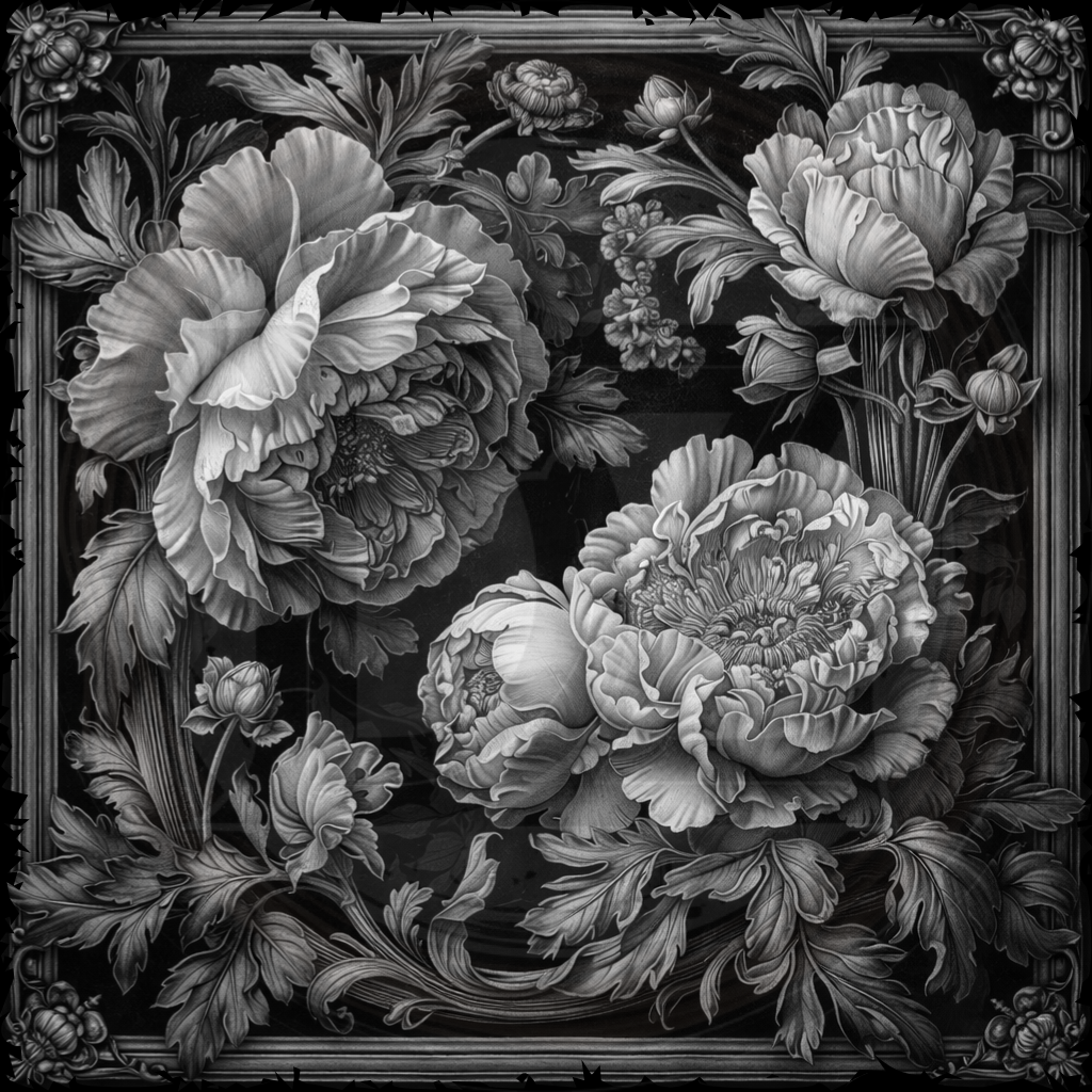 Decorative floral design with intricate details on a dark background