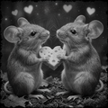 Two mice holding a heart-shaped cheese piece with a starry night background