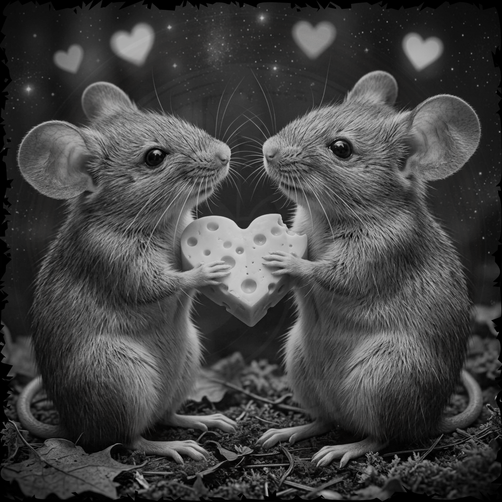 Two mice holding a heart-shaped cheese piece with a starry night background
