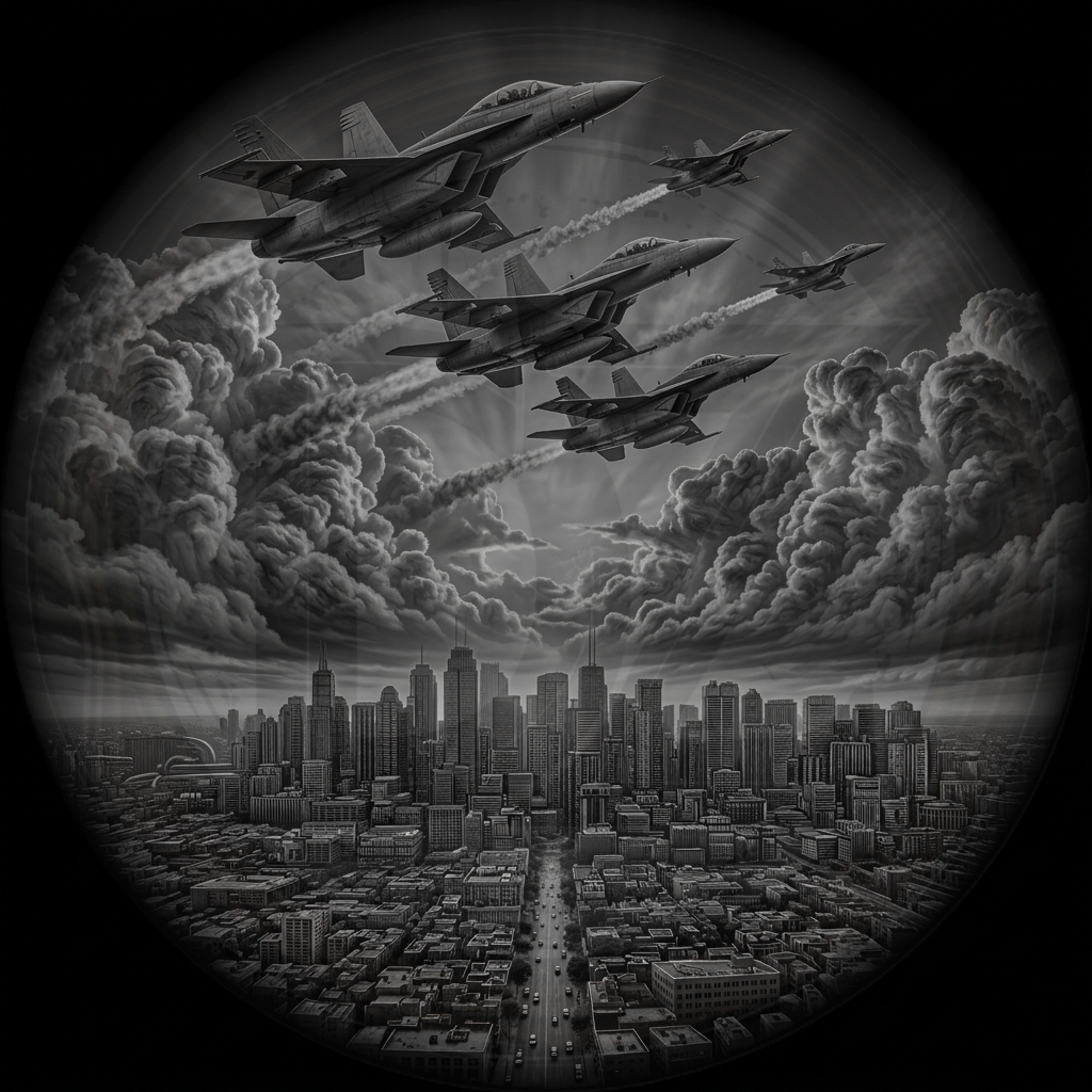 Black and white illustration of fighter jets flying over a cityscape with clouds.