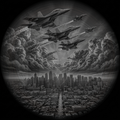 Black and white illustration of fighter jets flying over a cityscape with clouds.