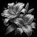 Black and white floral illustration on a black background