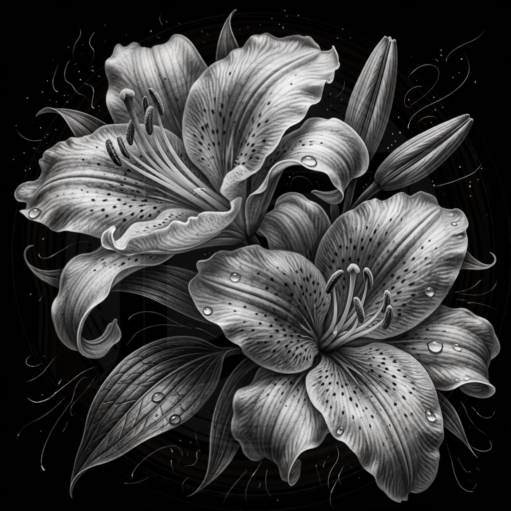 Black and white floral illustration on a black background