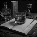 Glass of whiskey with ice on an open book, surrounded by a decanter, books, and an hourglass.