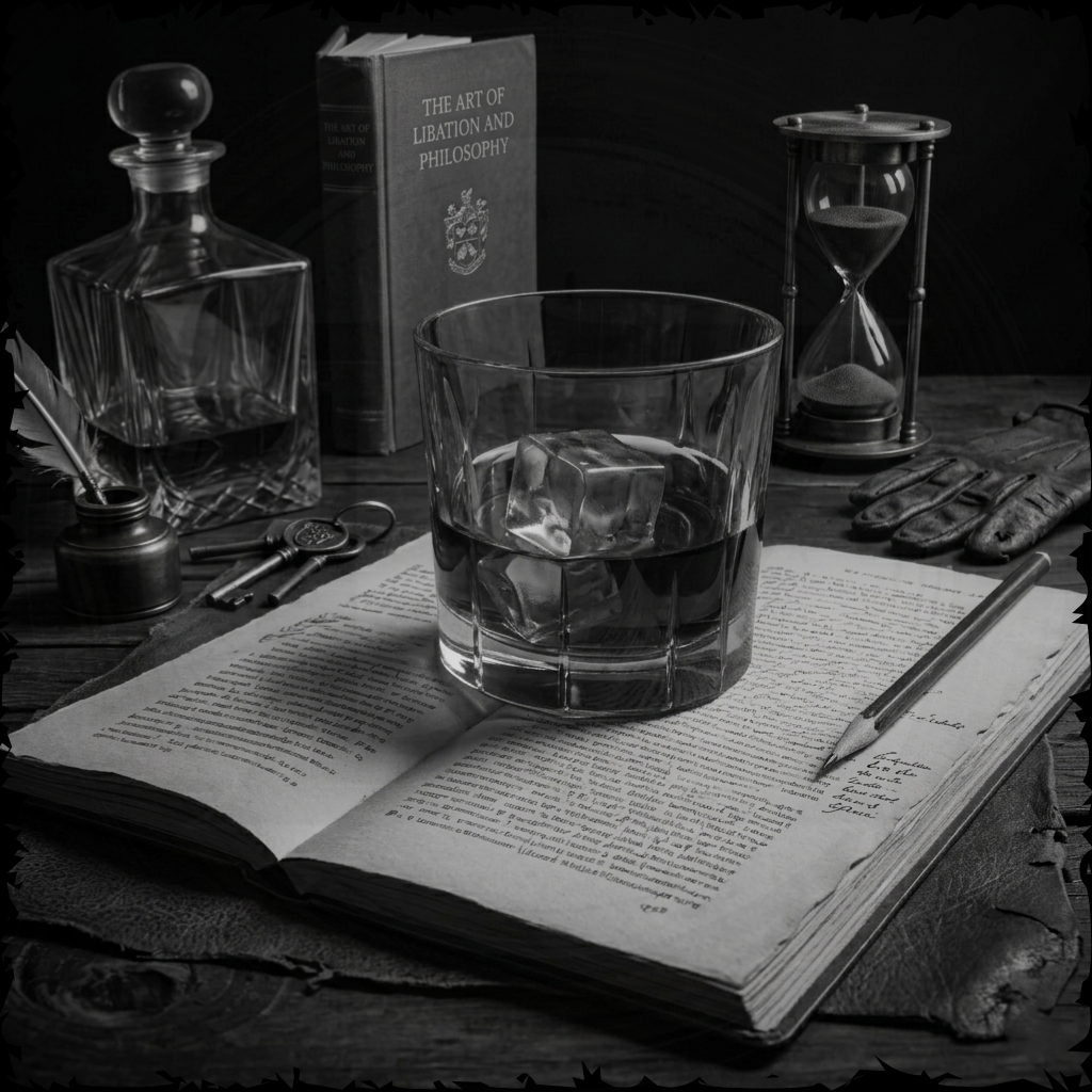 Glass of whiskey with ice on an open book, surrounded by a decanter, books, and an hourglass.