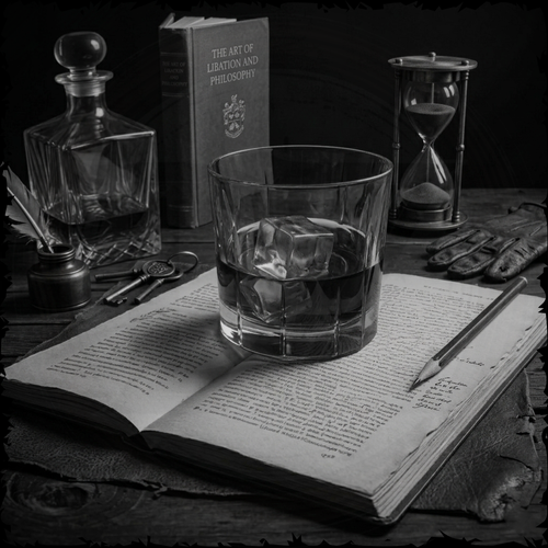 Glass of whiskey with ice on an open book, surrounded by a decanter, books, and an hourglass.