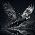 Black and white parrot flying over a reflective water surface with palm trees in the background